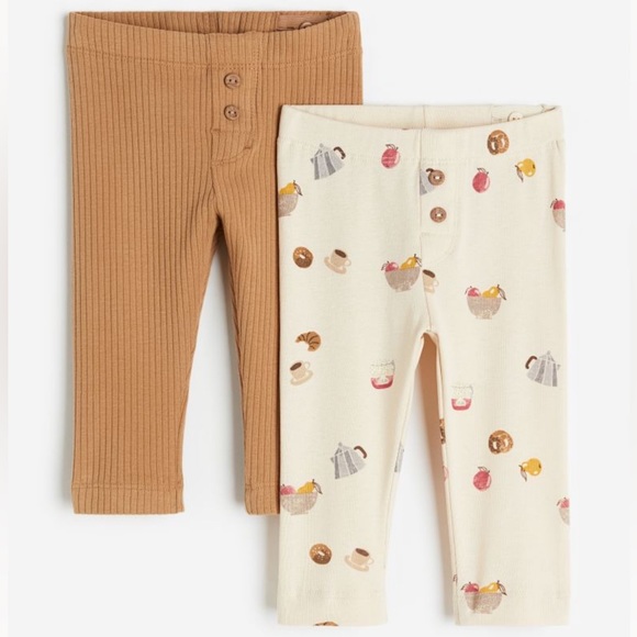 H&M Baby 2 Pack Organic Cotton Brown & Cream Breakfast Print Leggings - Picture 1 of 13